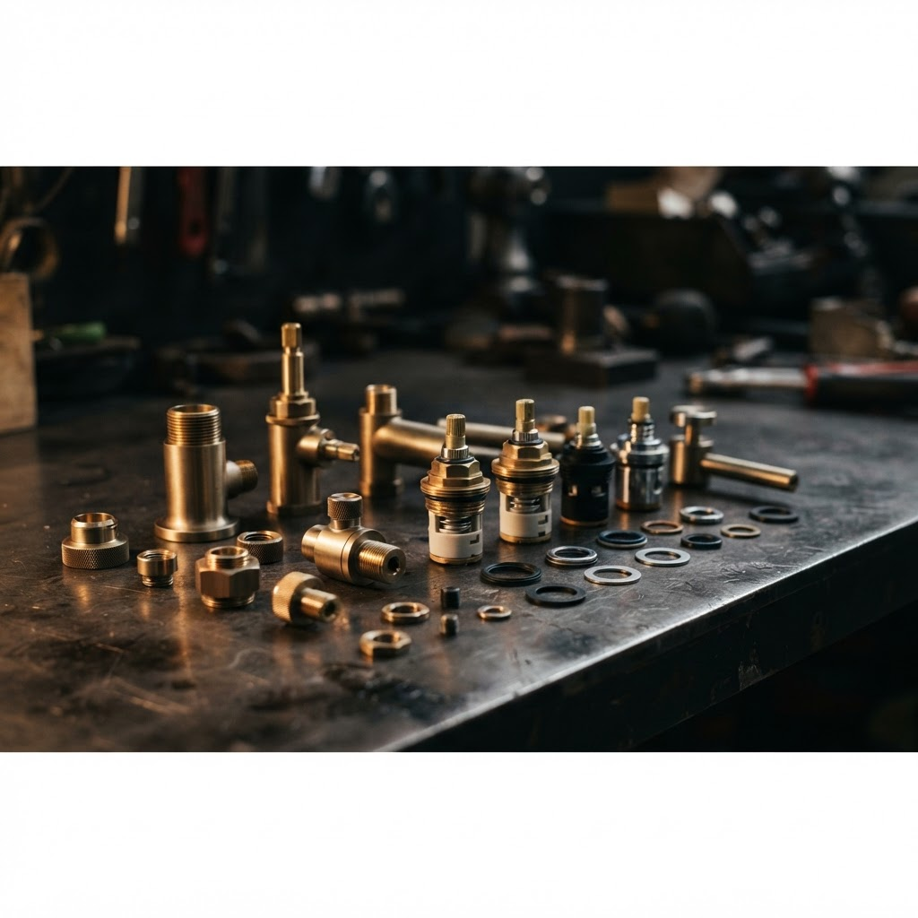 Precision brass tapware components and mixer valve cartridges arranged on a workbench