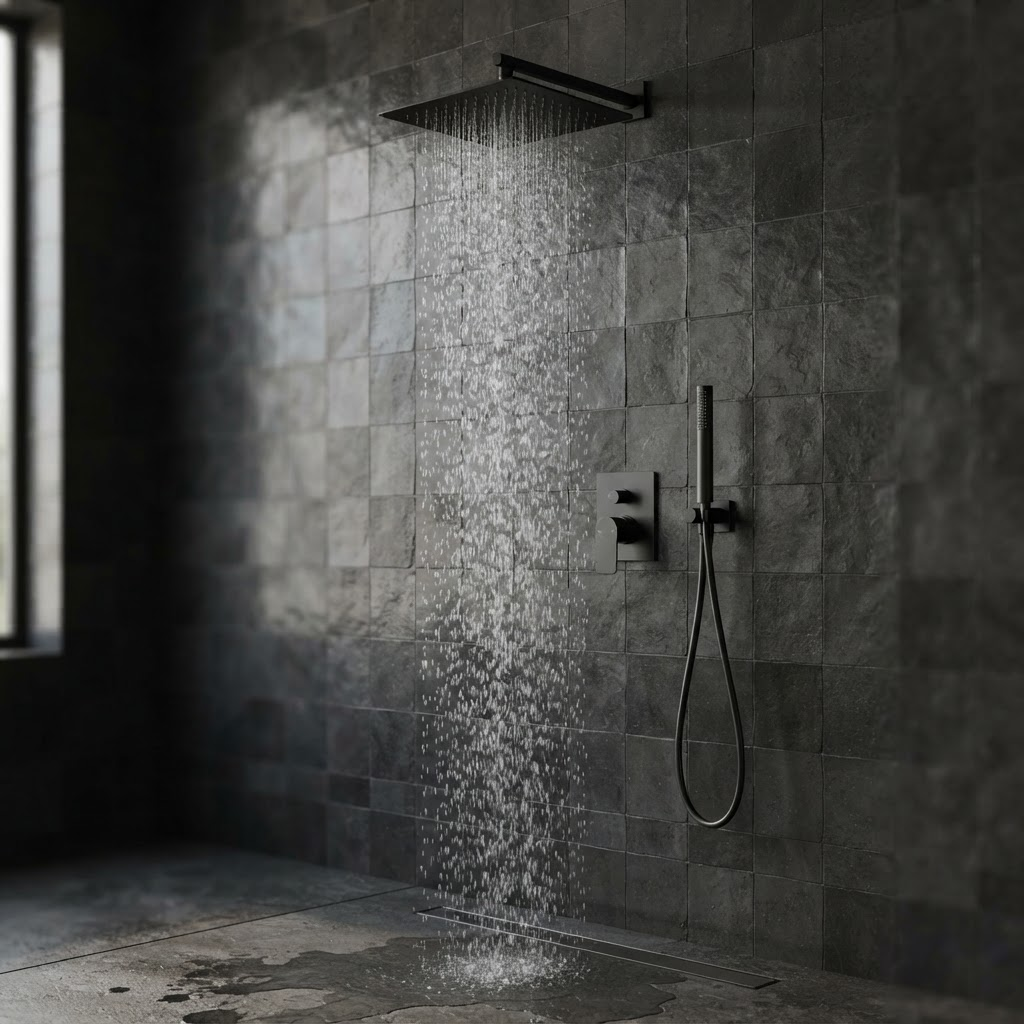 Modern matte black rain shower head and mixer set mounted on a dark tiled wall